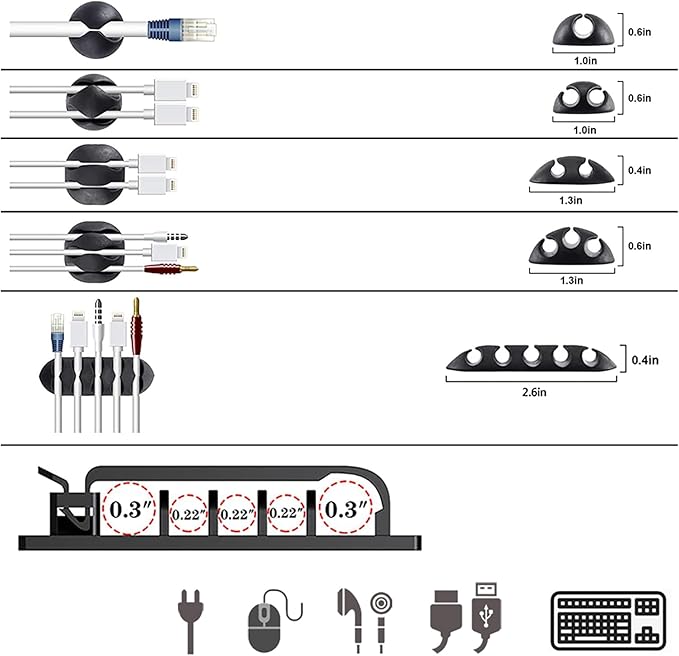 ELII 300PCS Cable Management Kit,4 Cable Sleeve 35 Cable Clips with 11Cord Holders,20 Roll Cable Organizer Straps and 200 Fastening Cable Ties,20 Cable Zip Tie Mounts for Computer TV Under Desk
