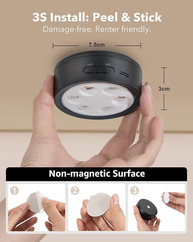 Rechargeable Under Cabinet Puck Lights with Remote Control, Black 2400mAh Battery Operated Push Button Light Stick On Magnetic Tap Lights Wireless Color Changing Touch Light for Closet Kitchen Counter
