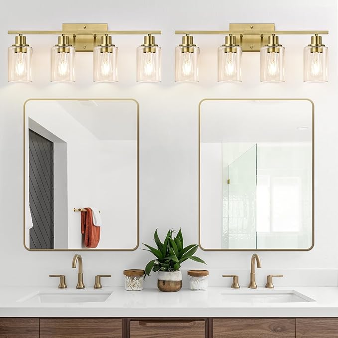 Indoi 4 Light Bathroom Light Fixtures, Brass Vanity Lights for Bathroom with Clear Glass Shades, Modern Bathroom Wall Sconces for Mirror Living Room Cabinet