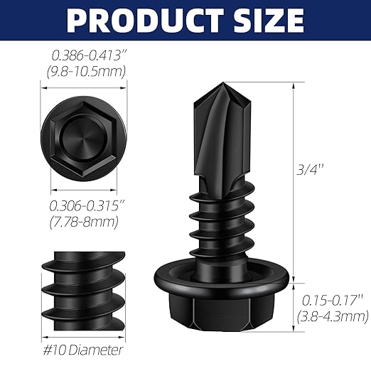 MewuDecor #10 x 3/4" (1/2" to 3" Available) Hex Washer Head Self Drilling Sheet Metal Screws with Drill Point, Stainless Steel 410, Black Oxide, 100 PCS