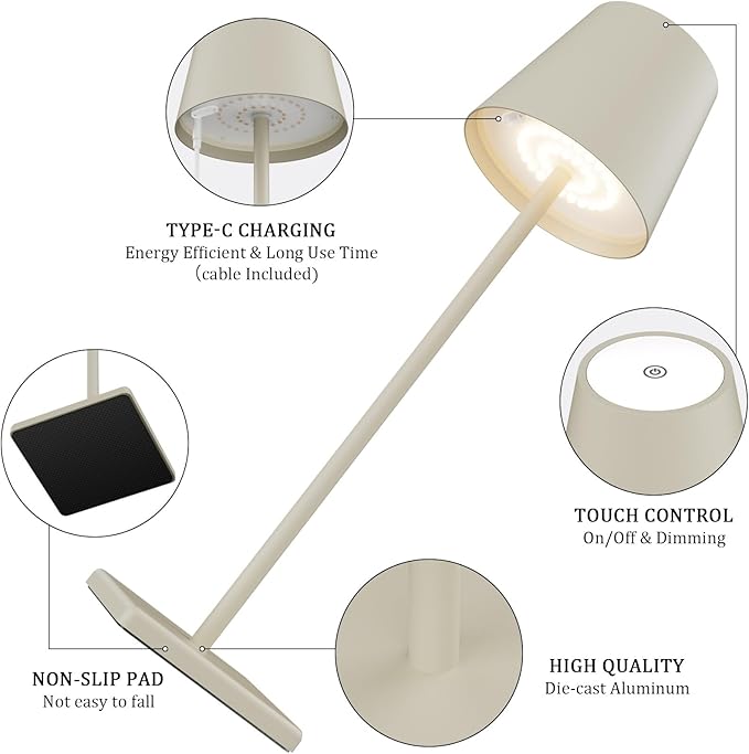 2-Pack LED Cordless Table Lamp, Rechargeable Battery Desk lamp 3W 5500mAh Battery Operated Stepless Dimming Modern Portable Table Light for Restaurant/Bedroom/Outdoor IP54 Waterproof (Off White)