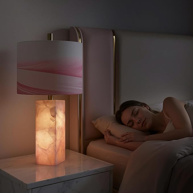 Scenekoy 23" Alabaster Table Lamp Set of 2 with Night Light for Bedroom Living Room, Rotary Switch, Pink Modern Table Lamp with Linen Shade, Nightstand Lamps for Room Bedside Office (Bulb Included)