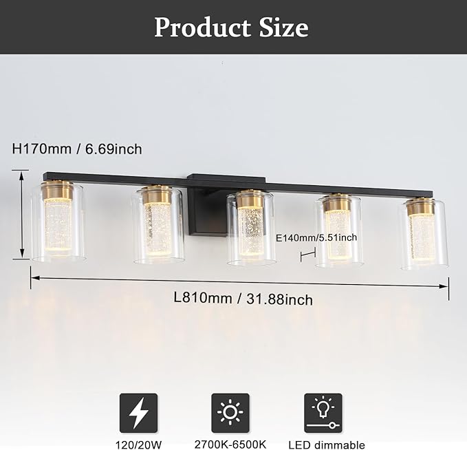 EMONG 5-Light Black&Gold Bathroom Light Fixtures,Dimmable 5CCT LED Vanity Lights with Clear Glass,2700K-6500K Adjustable Crystal Bubble Black Bathroom Vanity Light Over Mirror for Hallway
