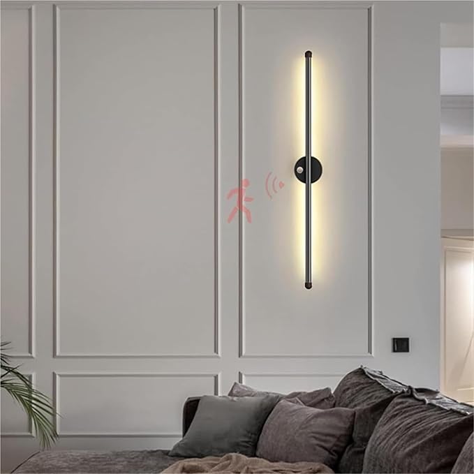 LED Long Strip Wall Lights with Motion Sensor Wall Lamp 3000K/4000K/6000K Wall Modern Simple Aluminum Mounted Indoor Bedside Decoration Light Living Room(Black Warm Light,80cm)