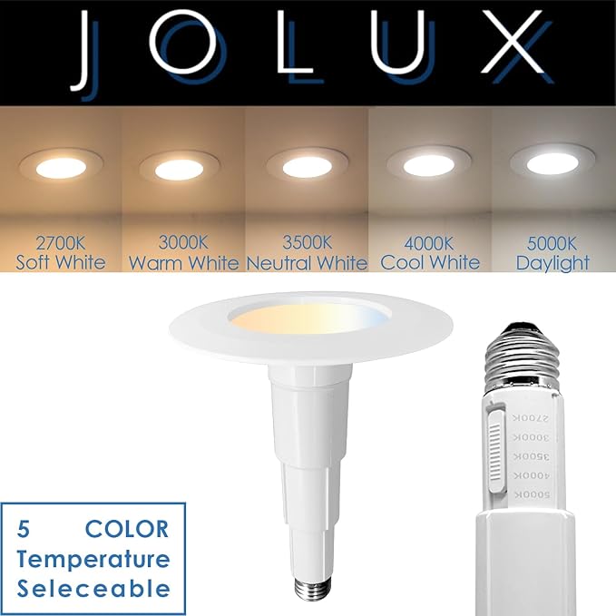 Jolux 4 Inch Adjustable 5CCT LED Can Light Retrofit, 2700K-5000K CCT Selectable, 6W=40W 500LM, Dimmable E26 Base, Bevel Trim, Recessed Lighting for Home Kitchen Bedroom, 4-Pack