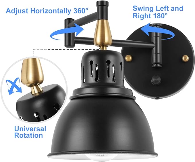 TRLIFE Dimmable Swing Arm Wall Lights with Plug in Cord Wall Mounted Light Industrial Wall Sconce , E26 Base, UL Listed(1 Pack)