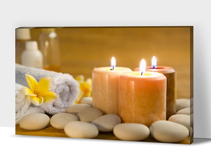 GUTTATY Zen Wall Art Decor, Modern Bathroom Zen Decor Wall Art, Zen Relaxing Canvas Wall Art for Spa Room Decor, Pebble and Lighted Candles Zen Canvas Prints for Office & Spa Wall Decor 12x18 Inches