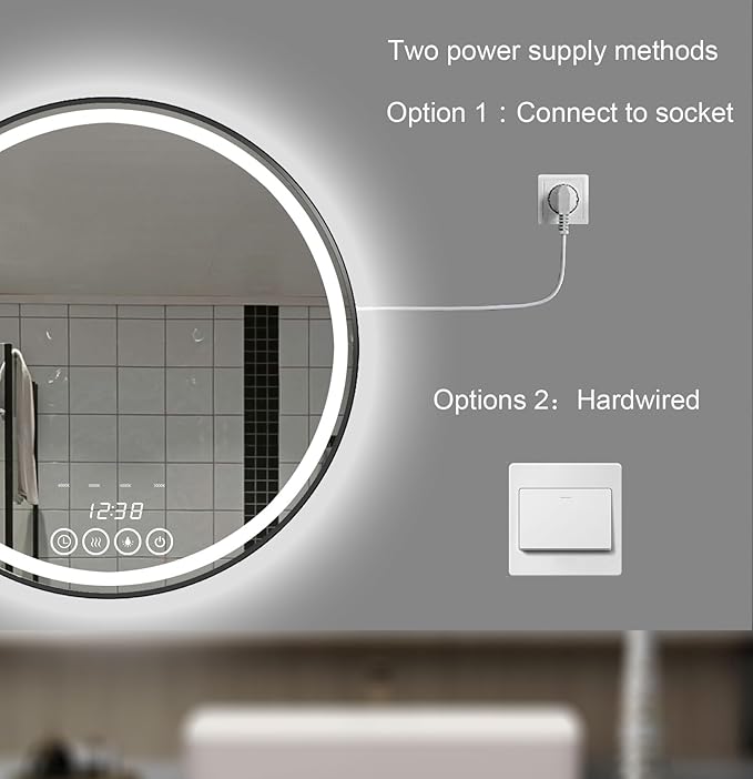 Wall-Mounted Round Bathroom Mirror with LED-Lights - Frame Vanity Mirrors (32" x 32", Black)