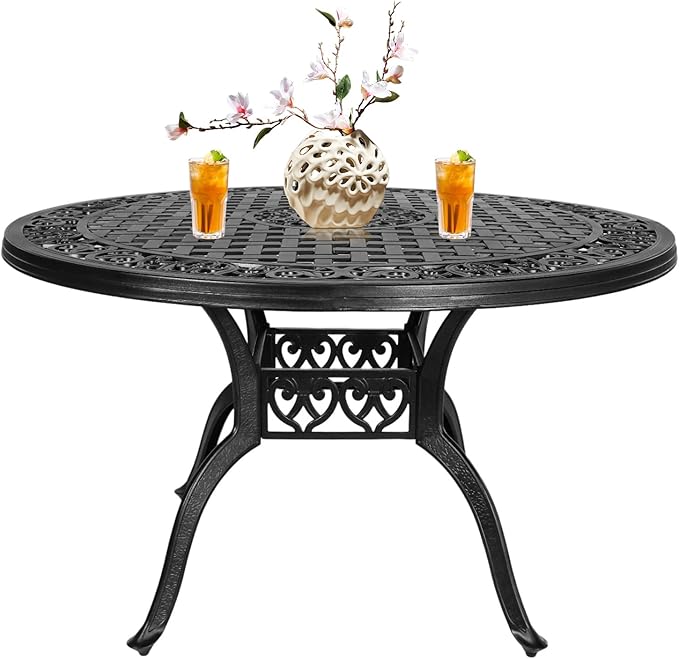 Cast Aluminum Patio Table,48" Round Patio Dining Table for 4-6 Person with Umbrella Hole,Metal Patio Table Outdoor Round Bistro Dining Table for Garden,Yard,Black