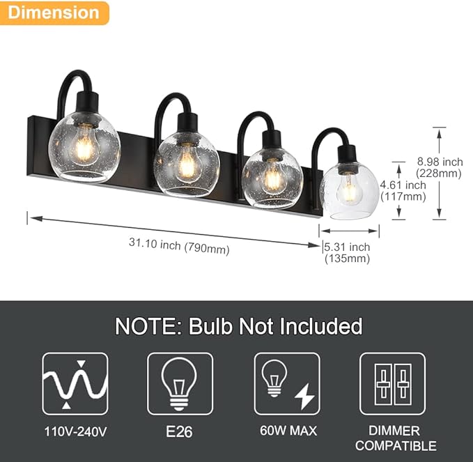 4-Lights Bathroom Vanity Light Fixtures with Seeded Glass Lampshades Black Industrial Wall Lighting for Over Mirror