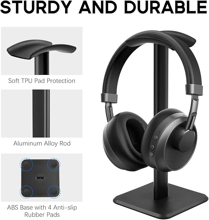 JIKIOU Headphone Stand Gaming Headset Holder Universal Aluminum Metal Headphones Holder Hanger with Aluminum Supporting Bar Flexible Headrest ABS Solid Base for All Headphone 2 Pack (Black)