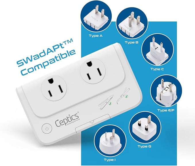 Ceptics Travel Voltage Converter -200W Convert 220V to 110V for Curling Iron, Straightener, Charger Step Down World Power Plug - 4 USB PD 18W Fast Charging - SWadApt - Type A, B, C, E/F, G, I Include