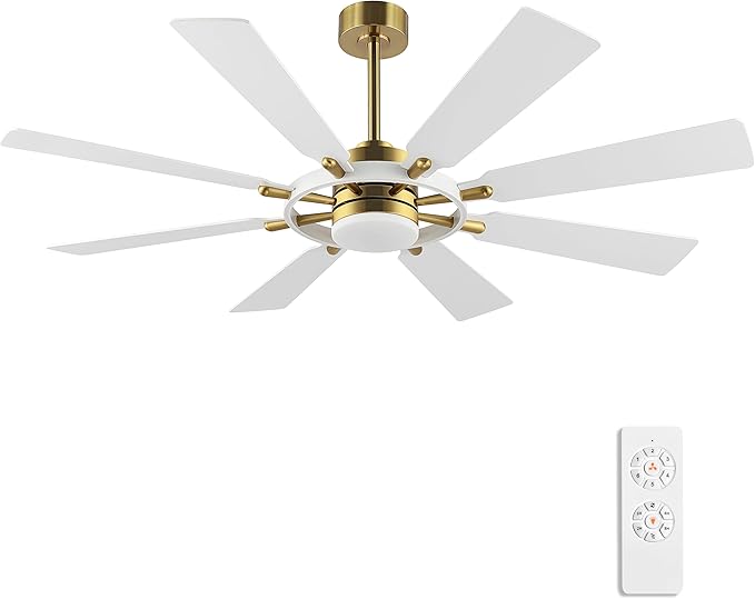 ELEHINSER 60 Inch Ceiling Fan with Lights and Remote Control, 8 Plywood Blades, 6-Speed Noiseless Reversible DC Motor, 3CCT, Windmill Ceiling fan for Kitchen Bedroom Living Room, Brass and White