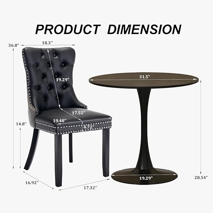 SoarFlash Kitchen Table and Chairs for 2, 31.5" Dining Table Set for 2 with Leather Upholstered Chairs, 3 Piece Round Kitchen Table Set, Dining Room Table Set for Small Space, Apartment, Black/Grey