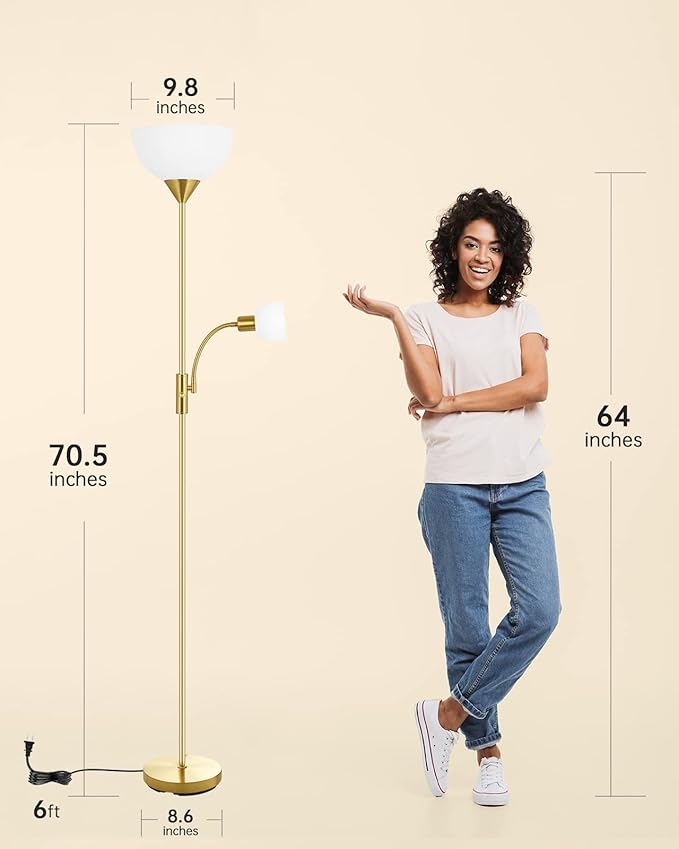 Torchiere Floor Lamps, LED Standing Lamp, 71" Tall Torch Floor Lamps with Reading Light, 3 Way Rotary Switch, White Plastic Shade,Bright Gold Modern Corner Lamp for Living Room Bedroom Office(No Bulb)