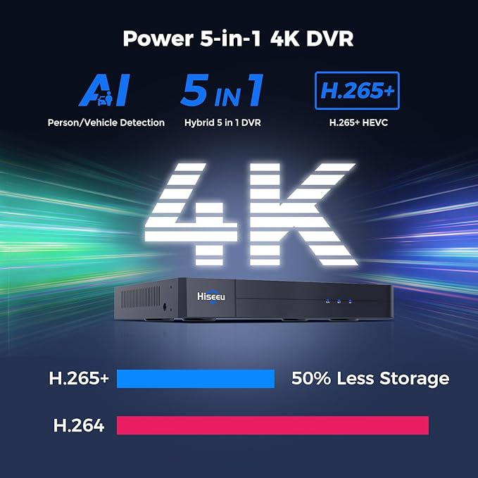 Hiseeu 4K Wired Security Camera System with Audio,Smart Color Night Vision,3TB Hard Drive,AI Human/Vehicle Detection,8PCS 8MP IP67 Weatherproof Home CCTV Cameras,Indoor/Outdoor Surveillance DVR Kit