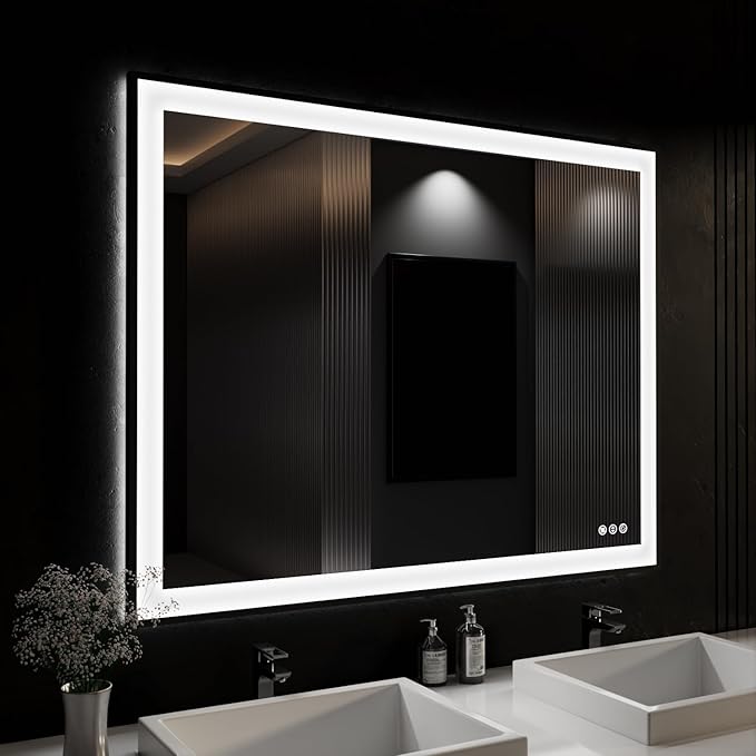 ISKM Framed LED Mirror for Bathroom 44"x36", Dimmable LED Bathroom Mirror with Lights, Anti-Fog, Front and Backlit Lighted Mirror 3-Colors, Shatterproof, Memory Function