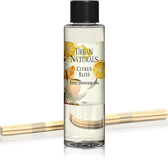 Urban Naturals Citrus Bliss Mandarin & Grapefruit Scented Reed Diffuser Oil Refill + Replacement Reed Sticks | Fresh, Bright Citrus Scent 4 oz.