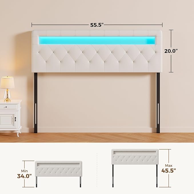 GREENSTELL Headboard for Full Size Bed with 60,000 DIY Color of LED Light, USB & Type C Post, Upholstered, Height Adjustable, Sturdy, Easy Assembly, Wall Mounted Head Boards Only, White