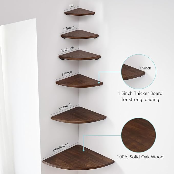 Corner Shelf,14inch Walnut Solid Wood Floating Corner Shelves Wall Mount Round End Floating Speaker Rack with Wire Hole for Small Plant for Bedroom Kitchen, Living Room