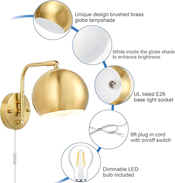 VATONI Plug in Dimmable Wall Sconce Swing Arm Wall Lights with Plug in Cord and Dimmer On/Off Knob Switch, Brushed Brass Globe Wall Light for Bedside Bedroom Bathroom(1 Bulb Included)