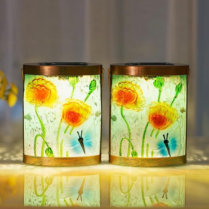 Starsoul 2 Pack Hanging Solar Lantern Outdoor Waterproof Glass Butterfly and Flowers Decorative Solar Lights for Outside Garden Yard Table Patio Decor