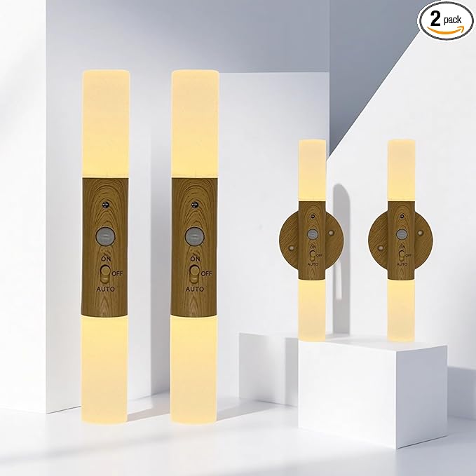 Motion Sensor Wall Mounted Lights,Wall Sconces Lamp Magnetic Wooden LED Wall Sconce for Bedroom Corridor Staircase Cabinet,2 Pack