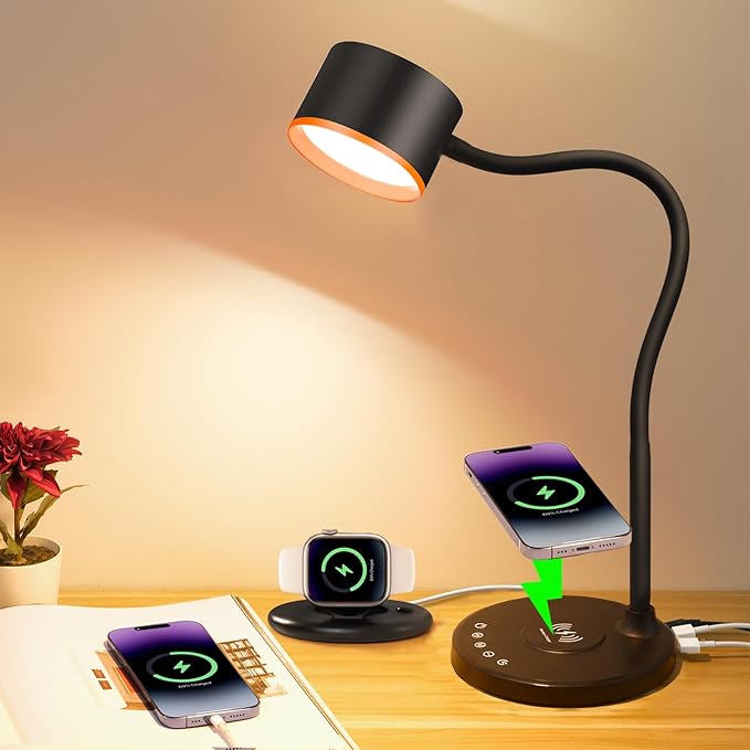 LED Desk Lamp with Wireless Charger, USB C + A Charging Ports, Eye-Caring Metal Bedside Lamp, 5 Colors Stepless Dimmable Reading Lamp, Touch Table Lamp Gooseneck Lamp for Home Office Dorm Black