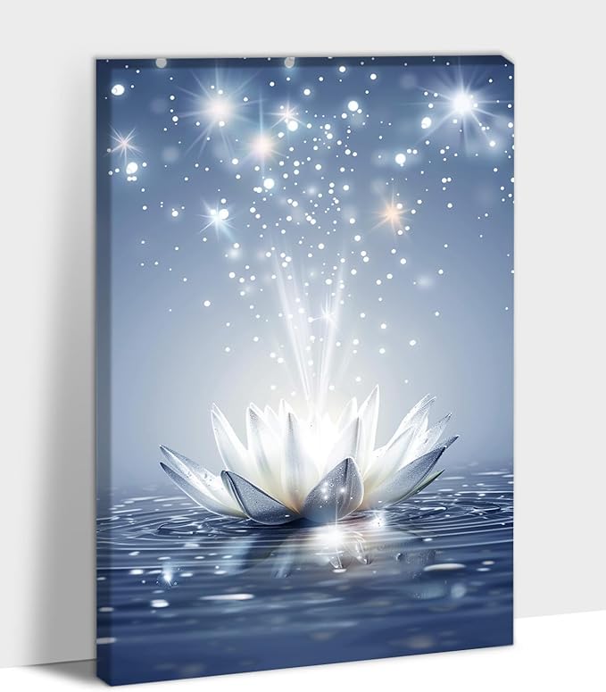Zen White Lotus Flower Canvas Wall Art, Water Lily Bloom Picture, Lotus Flower Canvas Art Print, Calm Relax Poster, Meditation Spiritual Zen Flower Print for Yoga Spa Spiritual Room 28x40 inch