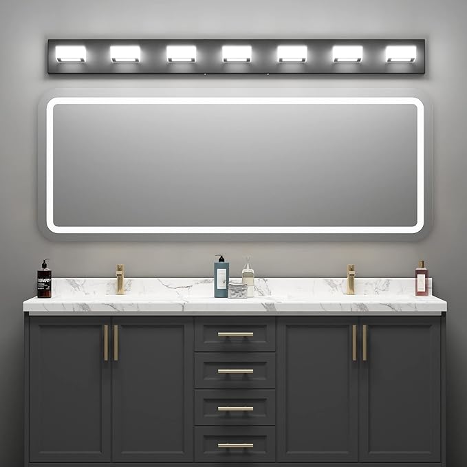 Ralbay 46" LED Modern LED Black Vanity Lights Fixtures 7 Lights Acrylic Matte Black Vanity Lights Modern Black Bathroom Wall Lighting Over Mirror
