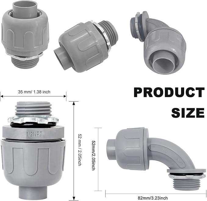 1/2 inch Liquid Tight Connector PVC Flexible Conduit Connector UL Listed Liquid Tight Connector Non-Metallic Electrical Conduit Fittings 30 Pack (15 pcs 180D/15 pcs 90D)