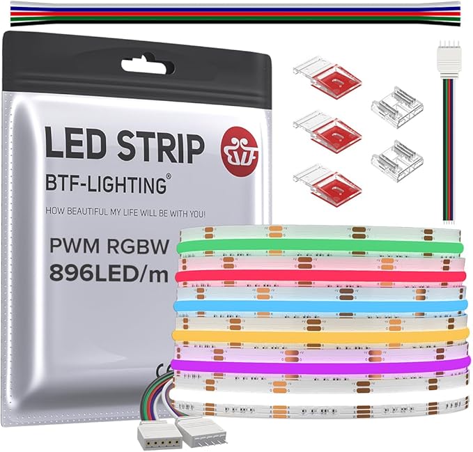 BTF-LIGHTING FCOB COB LED Strip RGBW 6500K 896LED/m 16.4FT DC12V Color Changing Flexible High Density Uniform Light 12mm Width for Home Indoor Decoration(No Adapter or Controller)