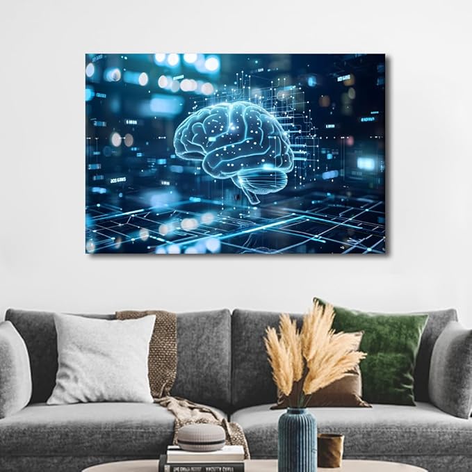 Neural Network Connections on Blue Digital Background Canvas Art Prints Bedroom Wall Decor Poster and Prints House Decorations Living Room Digital Human Brain Paintings Artwork 24"Wx36"Hx1 Panel
