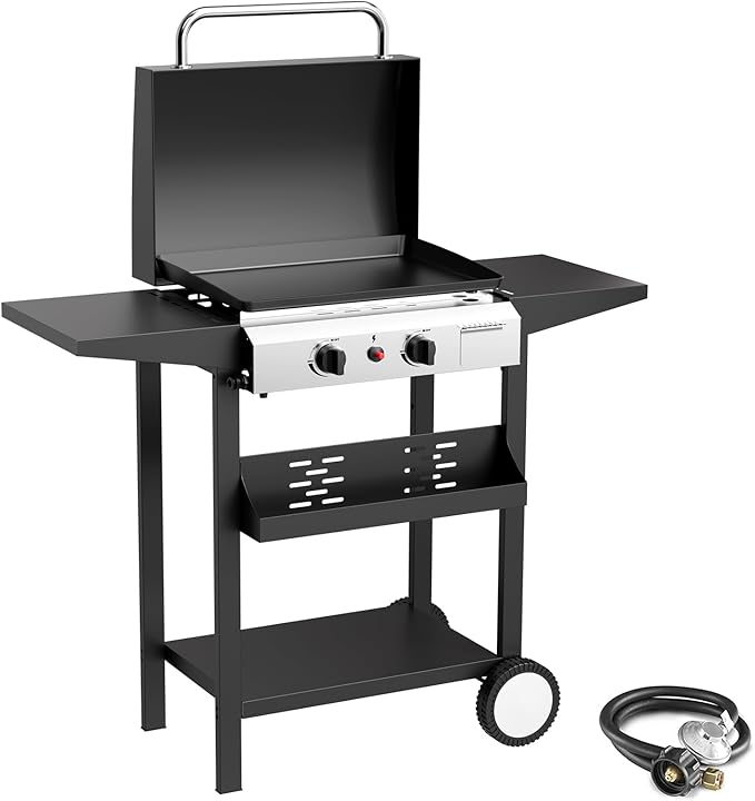 2 Burner BBQ Gas Griddle with Hood, 17.3 Inch Stainless Steel Portable Detachable Propane Griddle, 30,000 BTU Flat Top Barbecue Grill with Side Shelves for Camping