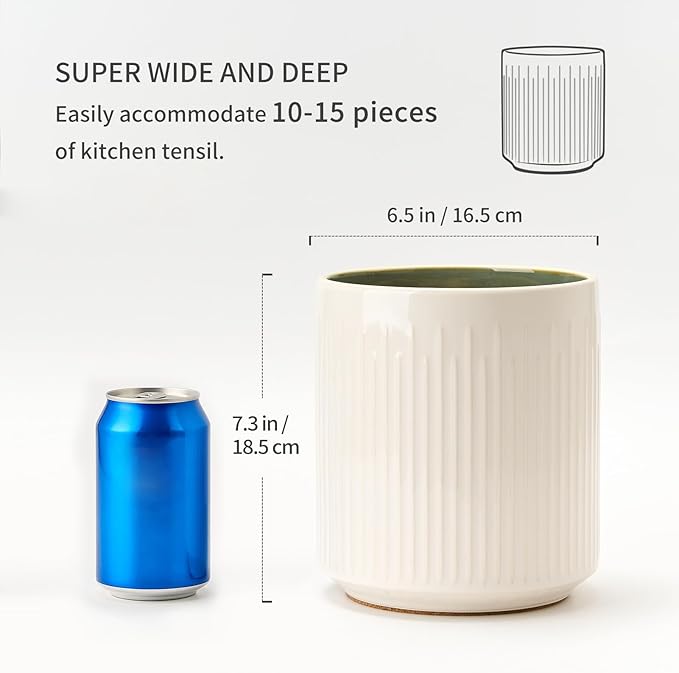 JIEMEI HOME Kitchen Utensil Holder, 7.2" Large Ceramic Stable Utensil Crock for Countertop, Utensil Organizer with Cork Mat, Removable Bamboo Divider for Easy, Kitchen Decor, White & Green