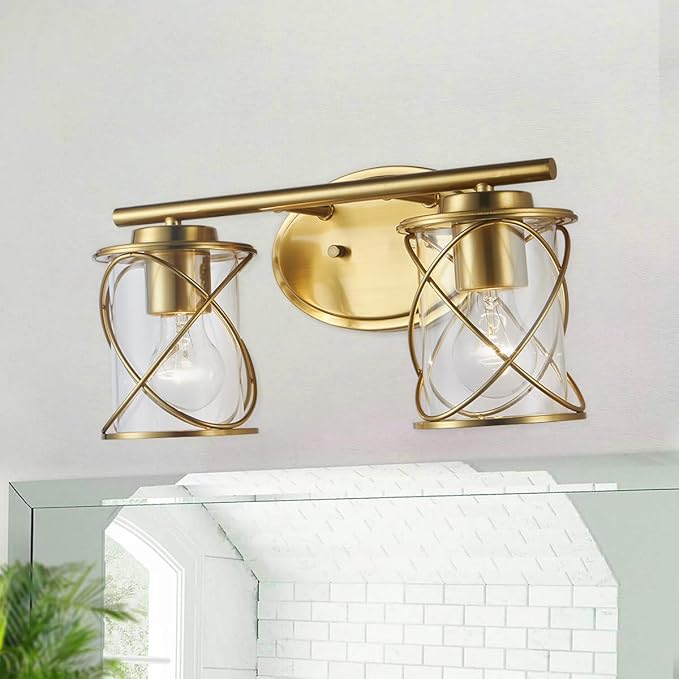 mavcadonf 2-Lights Bathroom Vanity Lights, Bathroom Light Fixtures Over Mirror, Brushed Gold Vanity Light, Farmhouse Wall Lights with Clear Glass Shade, Bathroom Wall Lamp for Mirror Kitchen Bedroom