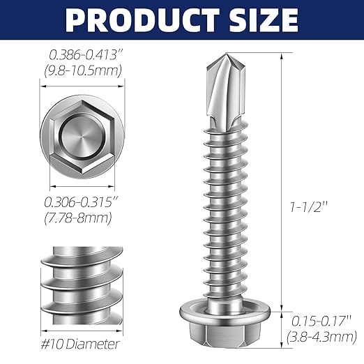 MewuDecor #10 x 1-1/2" (1/4" to 3" Available) Hex Washer Head Self Drilling Sheet Metal Screws with Drill Point, Stainless Steel 410, Pack of 50