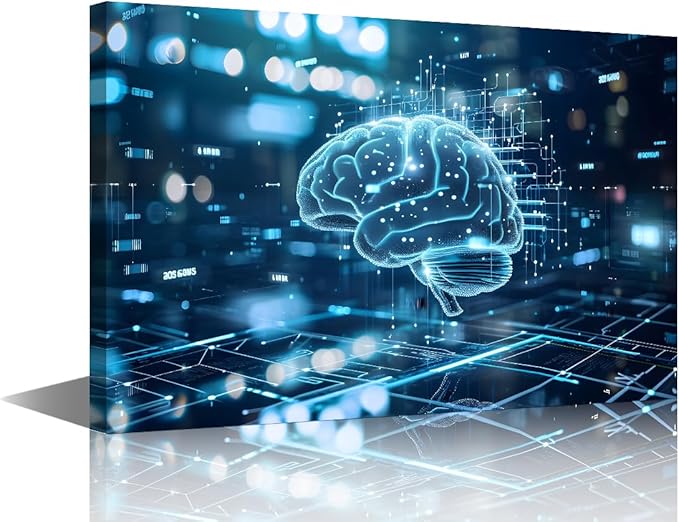 Neural Network Connections on Blue Digital Background Canvas Art Prints Bedroom Wall Decor Poster and Prints House Decorations Living Room Digital Human Brain Paintings Artwork 24"Wx36"Hx1 Panel