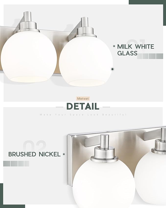 Bathroom Light Fixtures, 4 Light Brushed Nickel Vanity Light, 26 Inch Modern Wall Sconces with Globe Milk White Glass Shade, Vanity Lighting Fixtures Over Mirror, VL195-BN-ML-4