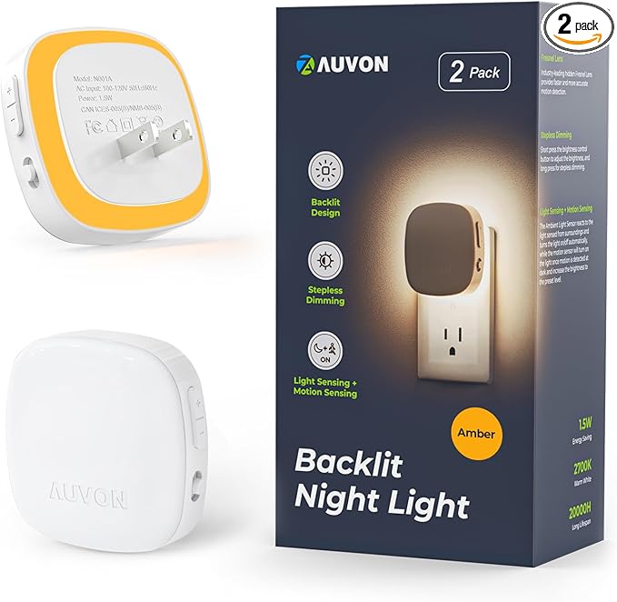 AUVON Plug-in LED Backlit Night Light with Motion Sensor & Dusk to Dawn Sensor, Dimmable Amber Nightlight with 1-50 lm Adjustable Brightness for Bathroom, Bedroom, Hallway, Stairs (2 Pack)