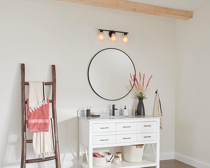 Kichler Stamos 3-Light Bathroom Vanity Light Fixture with Satin Etched Glass Shades, 22 in Modern Wall Light in Olde Bronze for over Mirror (22 in x 5 in x 8 in), 45887NI