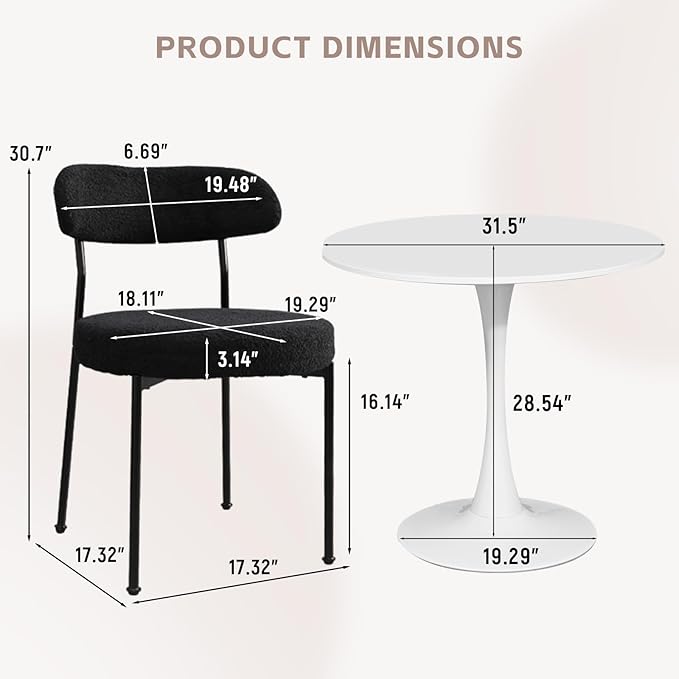 SoarFlash Kitchen Table and Chairs for 2, 31.5" Dining Table Set for 2 with Boucle Upholstered Chairs, 3 Piece Round Kitchen Table Set, Dining Room Table Set for Small Space, Apartment, Black/White