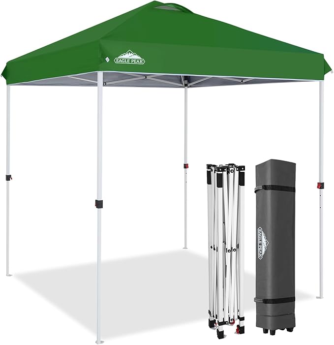 EAGLE PEAK Pop Up Canopy Tent with Wheeled Carry Bag, 8 Stakes, 4 Ropes, Easy Set Up Tent Canopy, 6.6x6.6 ft, Green