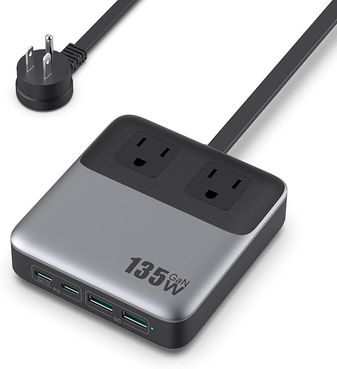 USB C Charger Block,135W GaN Fast Charging Station Hub,6-in-1 USB C Power Strip with 5ft Cord,2 AC & 2 USB A & C,PD 65W Laptop Charger for MacBook Air/Pro,iPhone16/15,Galaxy S24 etc