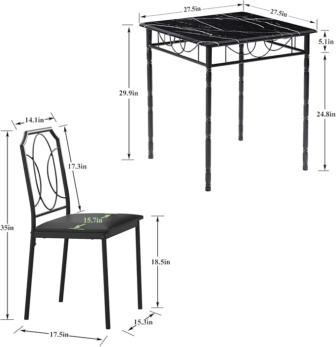 VECELO 3 Piece Dining Table Set for 2, Dinette with Chairs for Kitchen, Breakfast Nook, Small Space,Easy Assembly