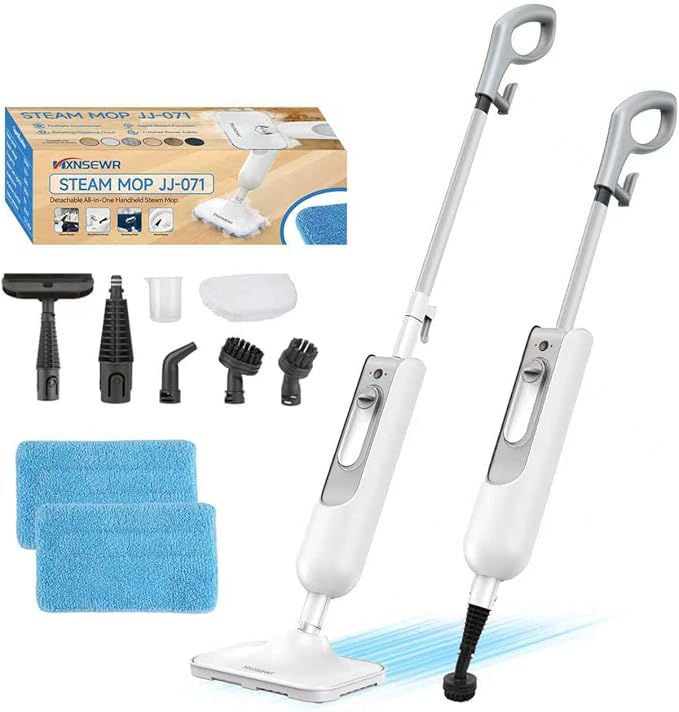 Mxnsewr Steam Mop All-in-one Multi-Functional Powerful Steam Cleaner, Handheld Detachable Floor Steamer with 2 Steam Level, 380ML Water Tank & 23FT Power Cord for Whole Home Use（White)