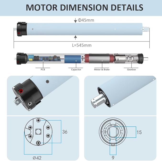 DC24V Motorized Remote Control Roller Shade Motor Kit, 45mm Brushless Electric Blind Motor for Outdoor Awning & Windproof Shades, Heavy Duty Automation (50 N.m for Φ60mm（2-3/8"） Round Tube)