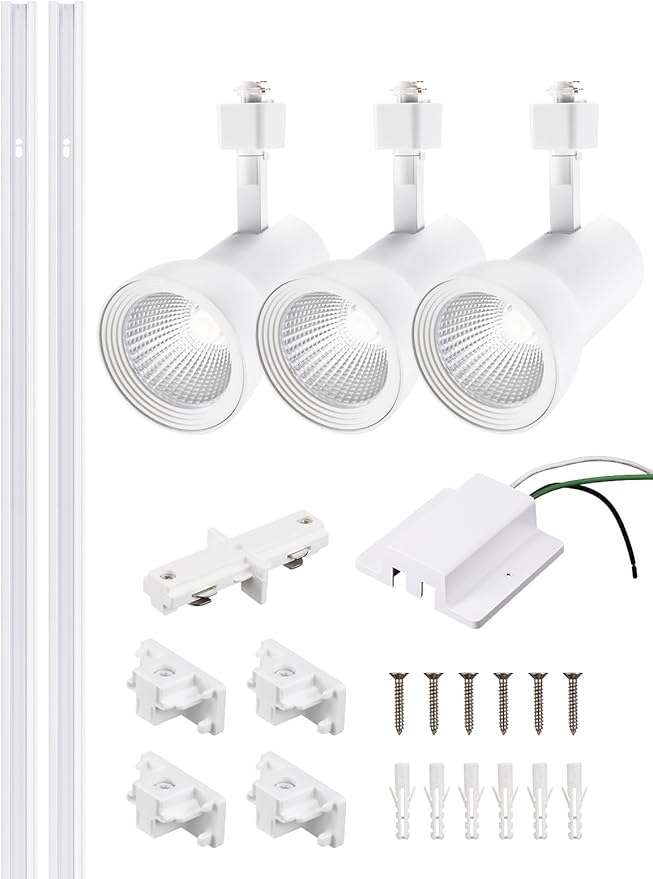 LEONLITE 18W Complete LED Track Lighting Kit, (3) H Type Spotlight & 8FT Track Rail & (1) Floating Canopy Connector & (1) I Connectors, CRI90+, 4000K Cool White, White