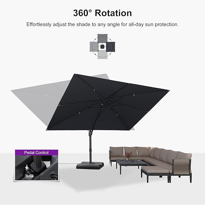PURPLE LEAF 9' × 11.5' Patio Cantilever Umbrella with Base Outdoor Rectangle Adjustable Offset Umbrellas with 360-degree Rotation and 8 Heavy Duty Metal Ribs for Garden Deck Pool Grey