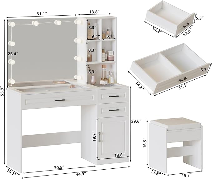 Fameill White Vanity Desk with Mirror and Lights,Glass Top Vanity Table with 3 Drawers and Cabinets,Large HD Mirror Makeup Desk,3 Lighting Modes, Brightness Adjustable,45 in(L)